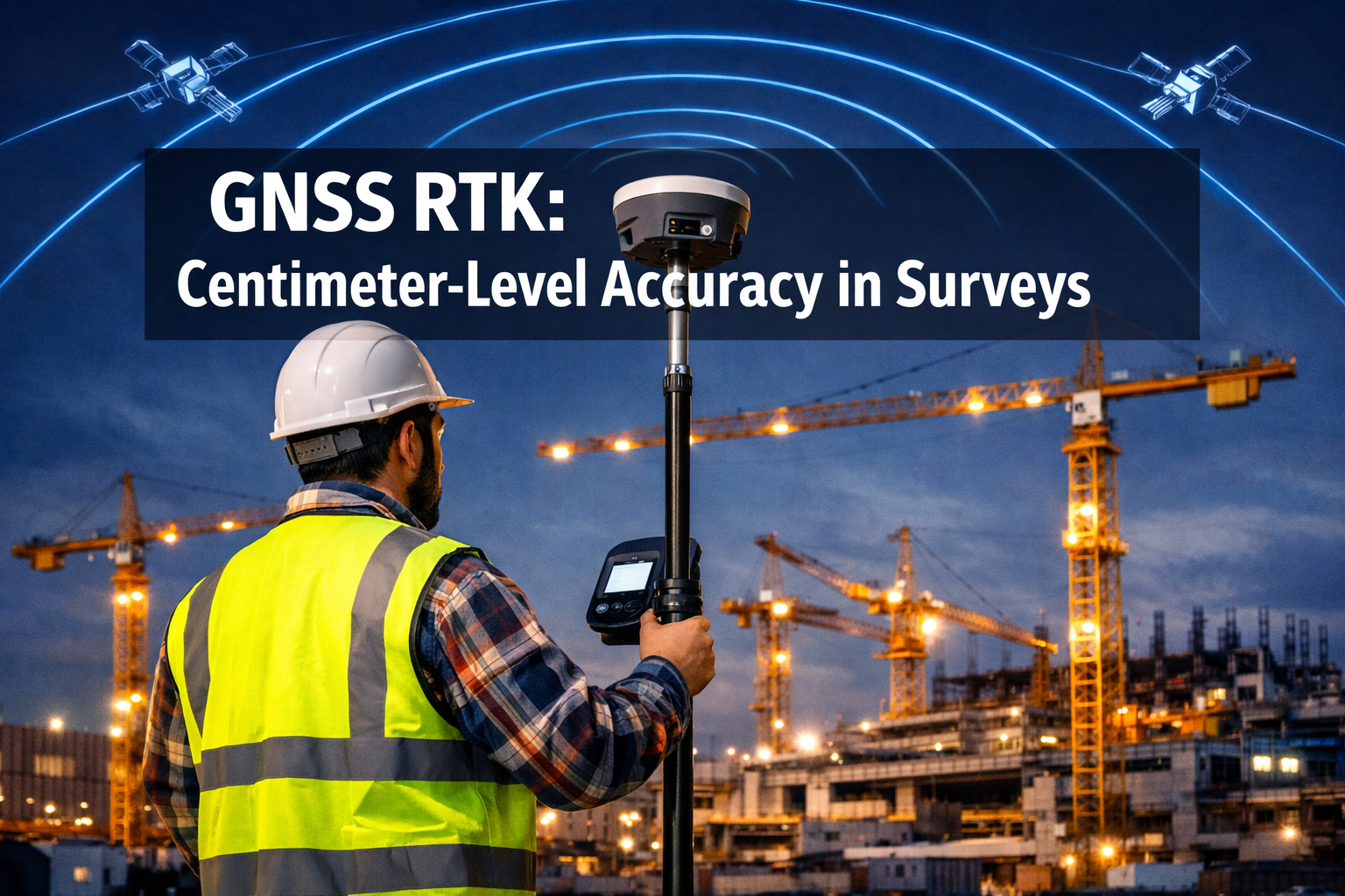 Professional () hero image with : 'GNSS RTK: Centimeter-Level Accuracy in Surveys' in extra large white with dark