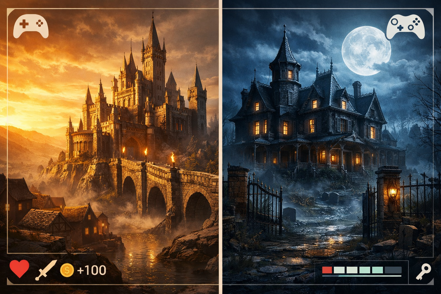 a split-screen collage of classic RPG game environments being reimagined in modern