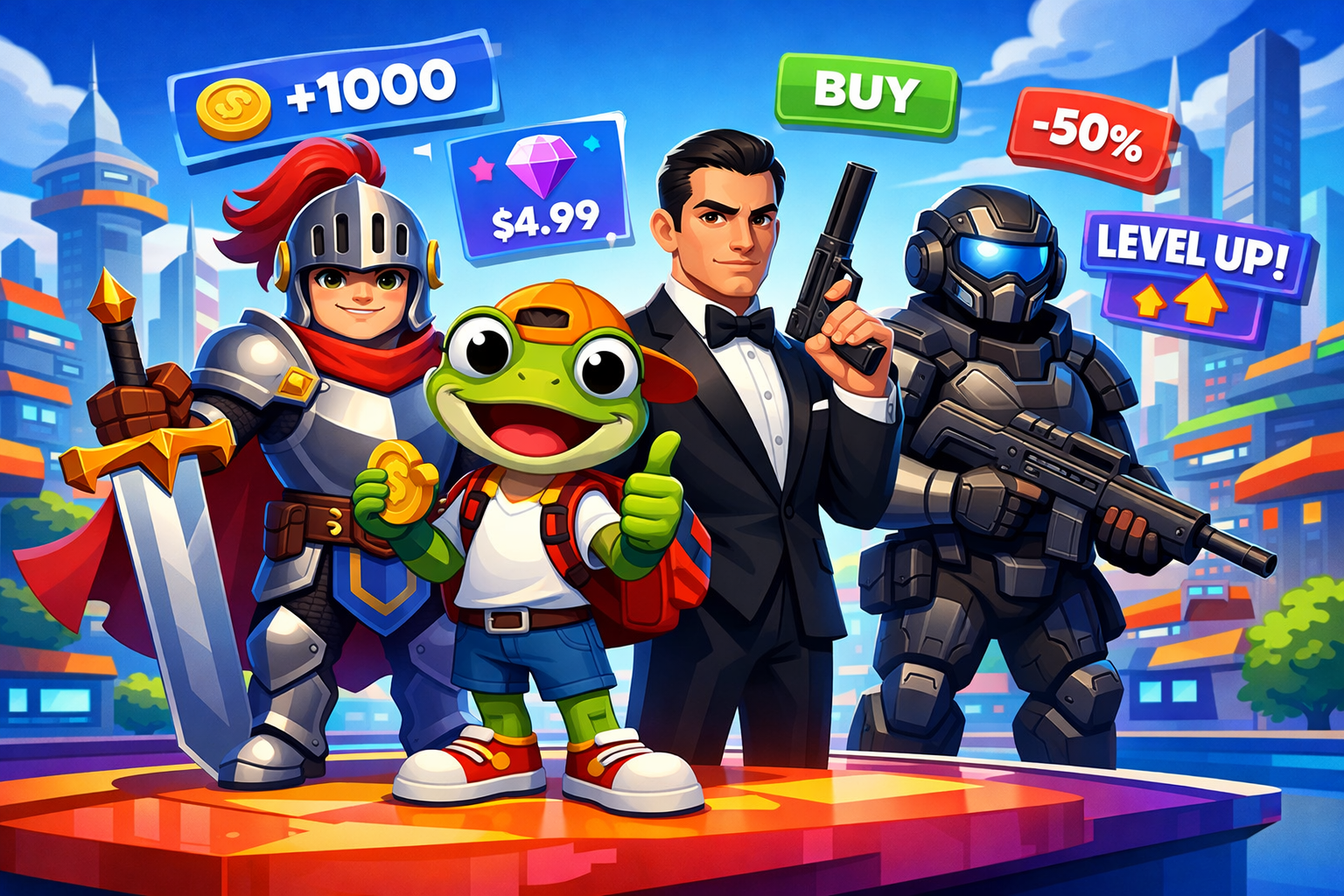 a diverse group of animated game characters from different genres standing together