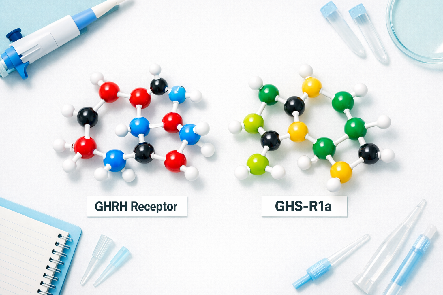 Bright editorial flat-lay landscape (): overhead studio shot of two distinct peptide molecular structure models side by side