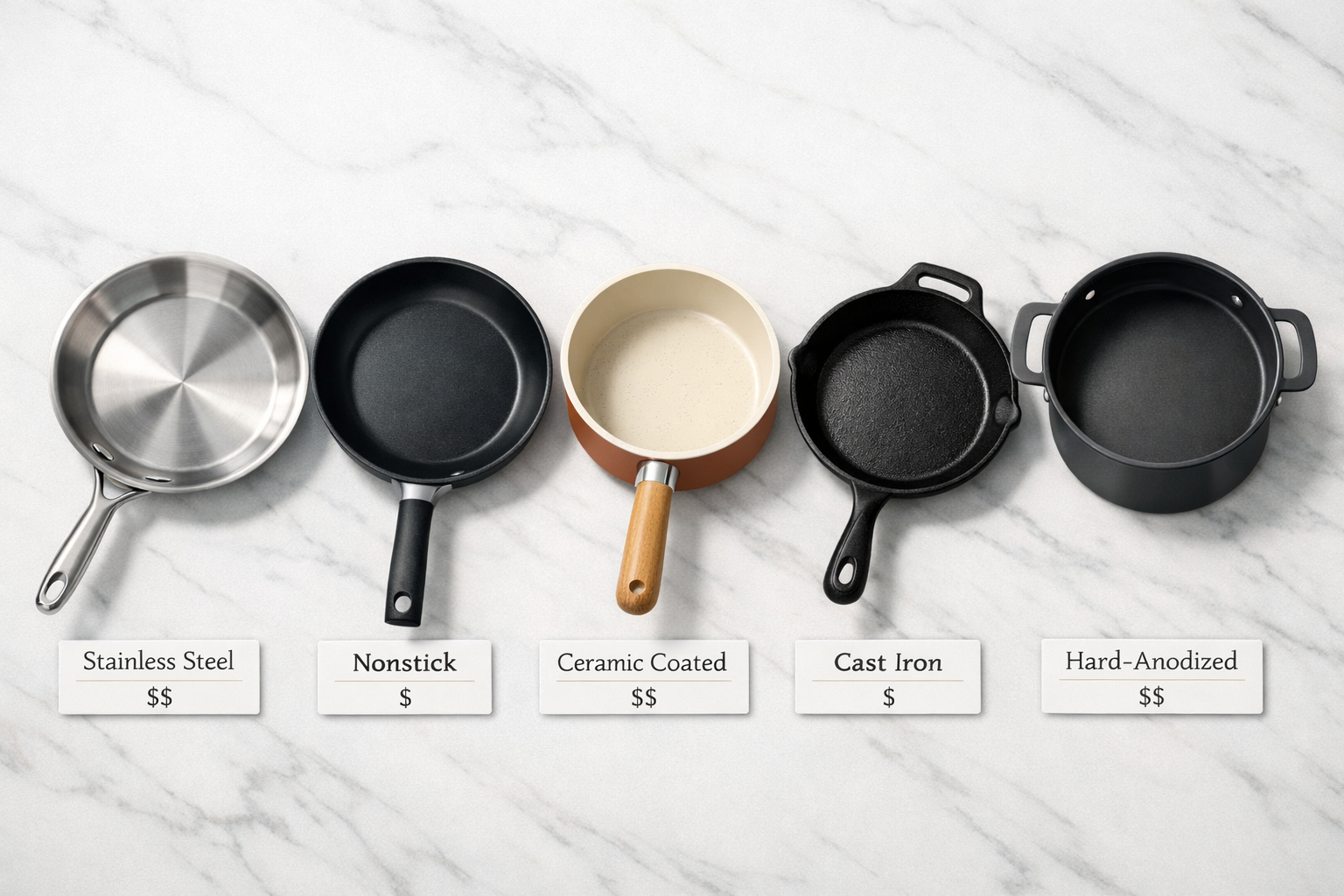 Digital illustration, graphic design style, Detailed landscape format (1536x1024) editorial image showing a flat-lay comparison of five different cookware material types side by side: stainless steel skillet, nonstick frying pan, ceramic coated saucepan, cast iron skillet, and hard-anodized stockpot arranged on a clean white marble surface. Each piece labeled with small elegant text tags showing material type and price range. Overhead bird's-eye perspective, professional food photography lighting, soft shadows, clean minimalist aesthetic. Color palette: silver, matte black, cream white, terracotta. Focus on texture contrast between different cookware surfaces.