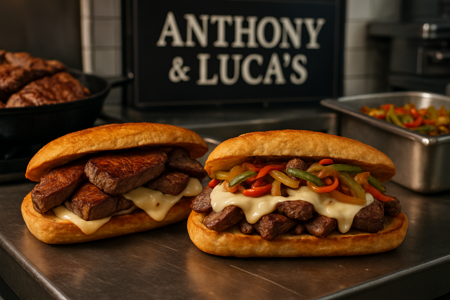 Premium ribeye cheesesteak preparation scene featuring thick-cut ribeye on toasted Sarcone or Amoroso rolls from Philadelphia, melted provol