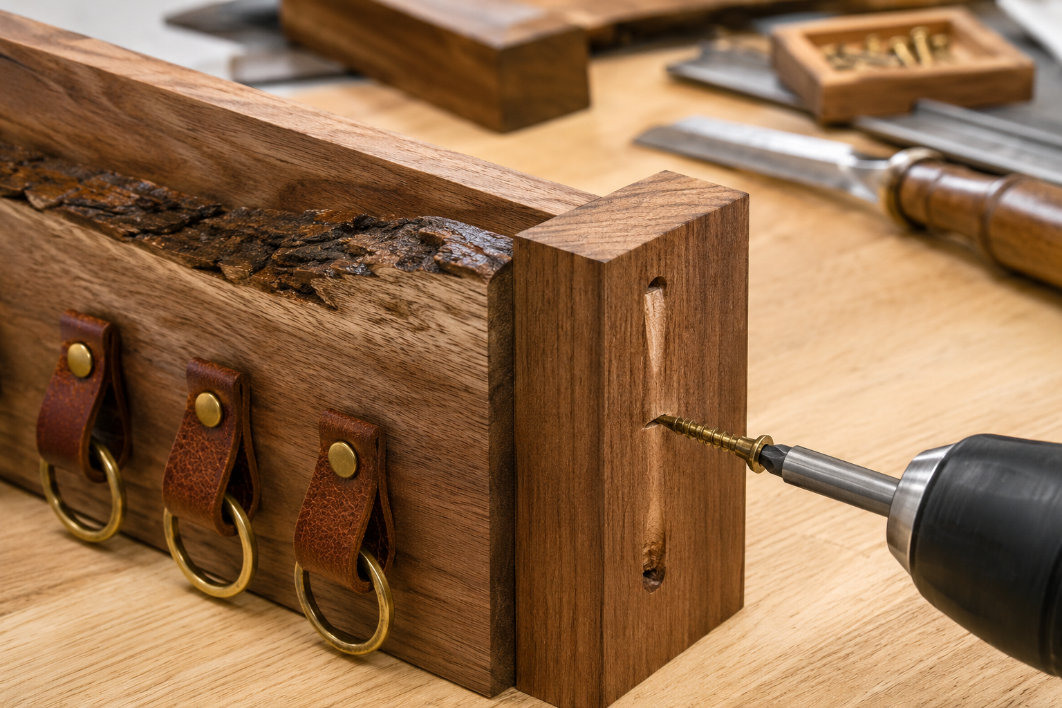 Close-up, detailed () image focusing on the construction of a wooden key holder, showcasing a pocket screw joint being