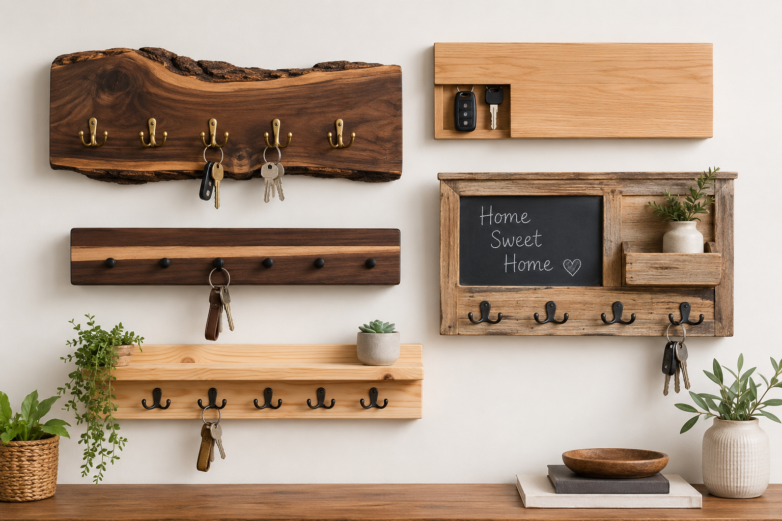 Dynamic () image displaying various design styles of wooden key holders and racks. One section shows a rustic live edge