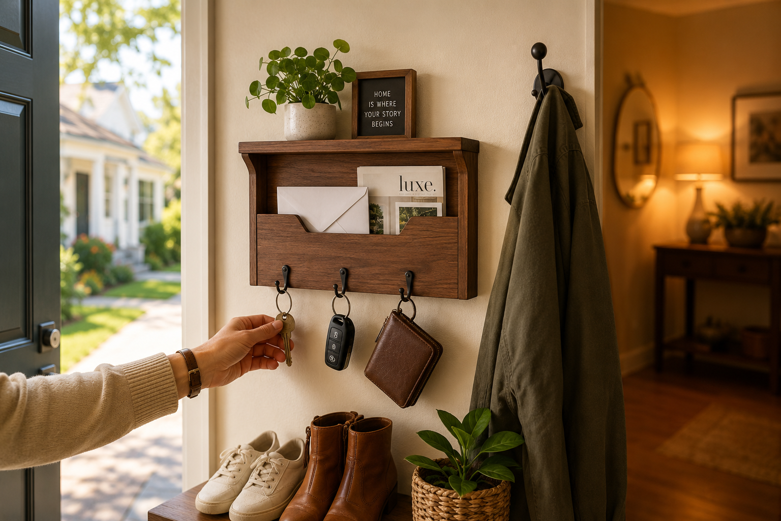 Vibrant () image illustrating an organized entryway featuring a wall-mounted wooden key holder and rack. The rack holds