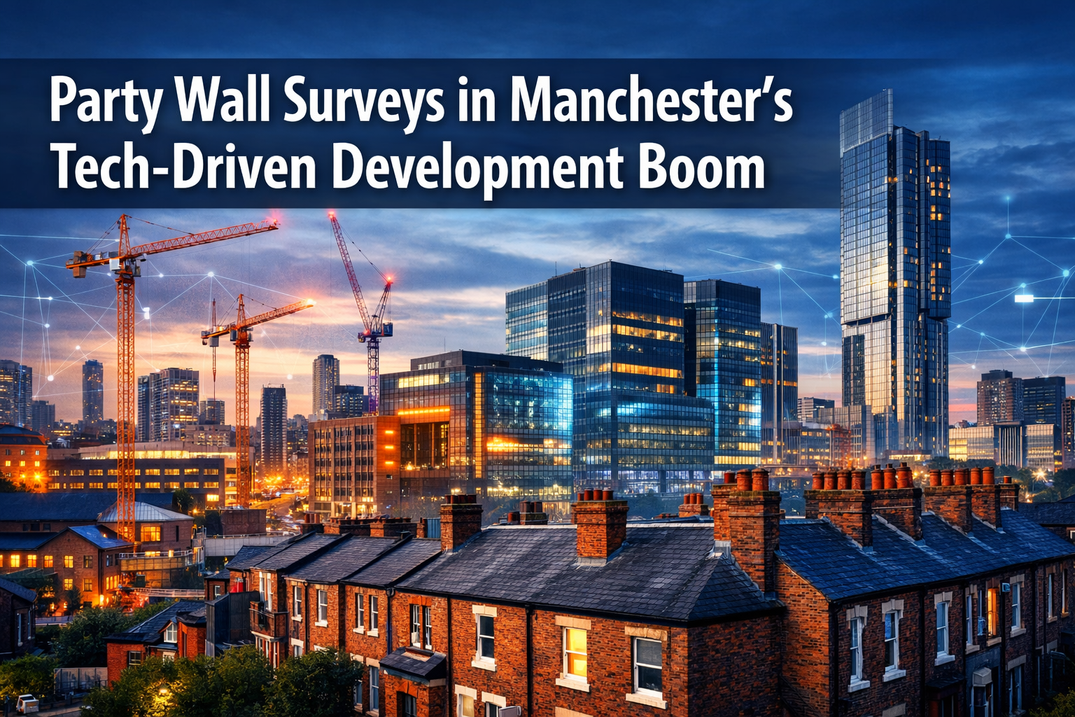 Professional () hero image featuring 'Party Wall Surveys in Manchester's Tech-Driven Development Boom' in extra large white