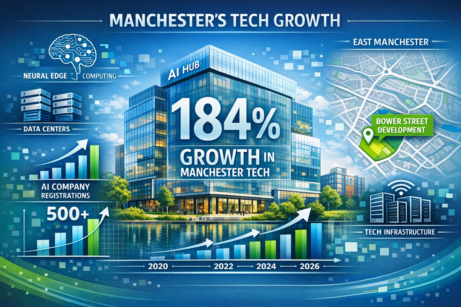 Professional () infographic-style image depicting Manchester's tech development growth with visual data elements. Central