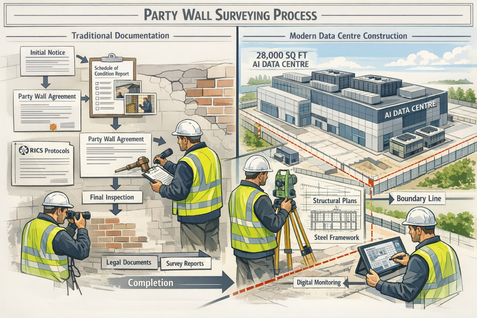 Detailed () technical diagram showing party wall surveying process for large-scale commercial tech development. Split-screen
