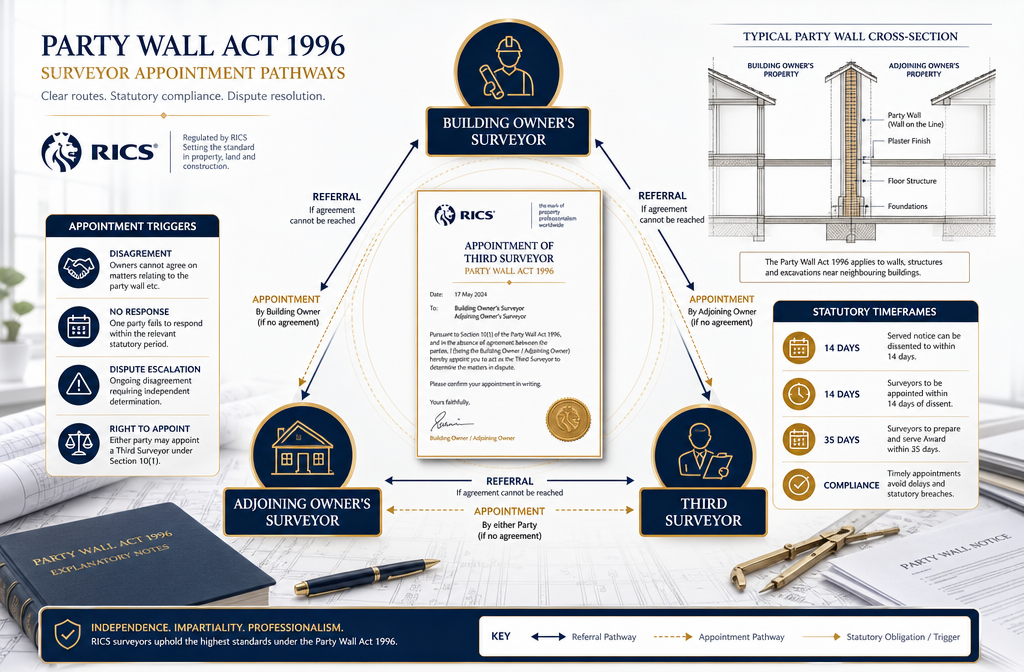 Detailed () infographic-style illustration showing a triangular diagram of three surveyors — Building Owner's Surveyor,