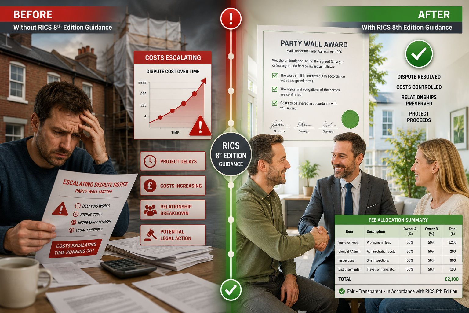 () split-screen composition: left side shows a stressed homeowner receiving an escalating dispute notice with red warning