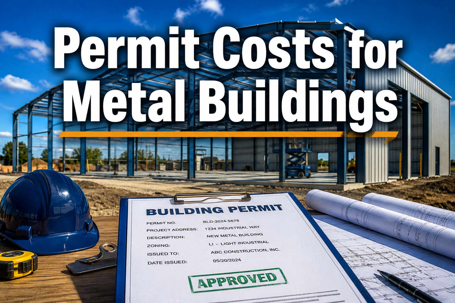 Professional () hero image with : 'Permit Costs for Metal Buildings' in extra large white with dark drop , centered