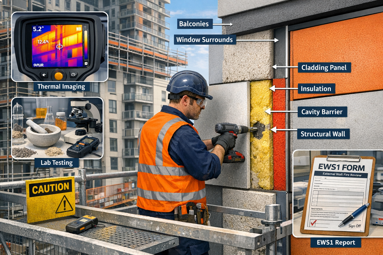 Landscape format (1536x1024) comprehensive visual guide showing building surveyor conducting External Wall System (EWS) survey on multi-stor