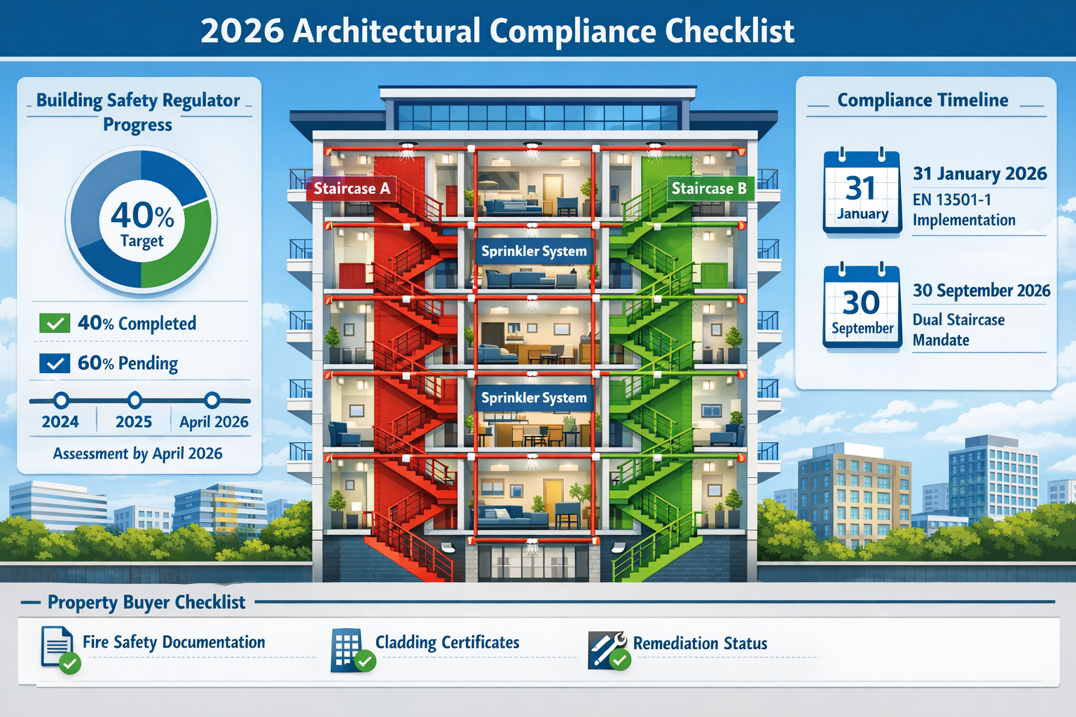 Landscape format (1536x1024) detailed architectural compliance checklist visualization for 2026 regulations. Central image shows cross-secti
