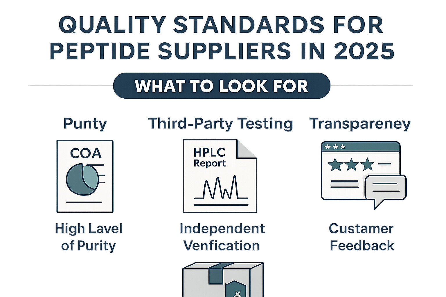 An infographic-style image illustrating the key factors for evaluating peptide suppliers in 2025, focusing on purity, third-party testing, a