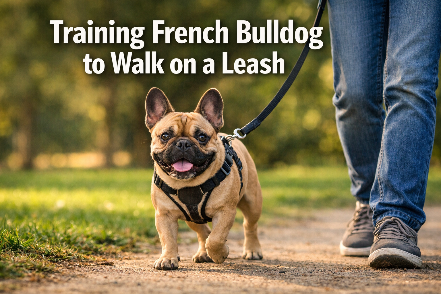 Professional landscape format (1536x1024) hero image featuring bold text overlay 'Training French Bulldog to Walk on a Leash' in extra large
