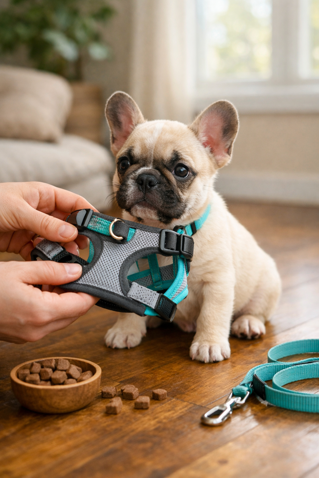 Portrait format (1024x1536) image showing French Bulldog puppy being introduced to collar and leash indoors, gentle hands holding lightweigh