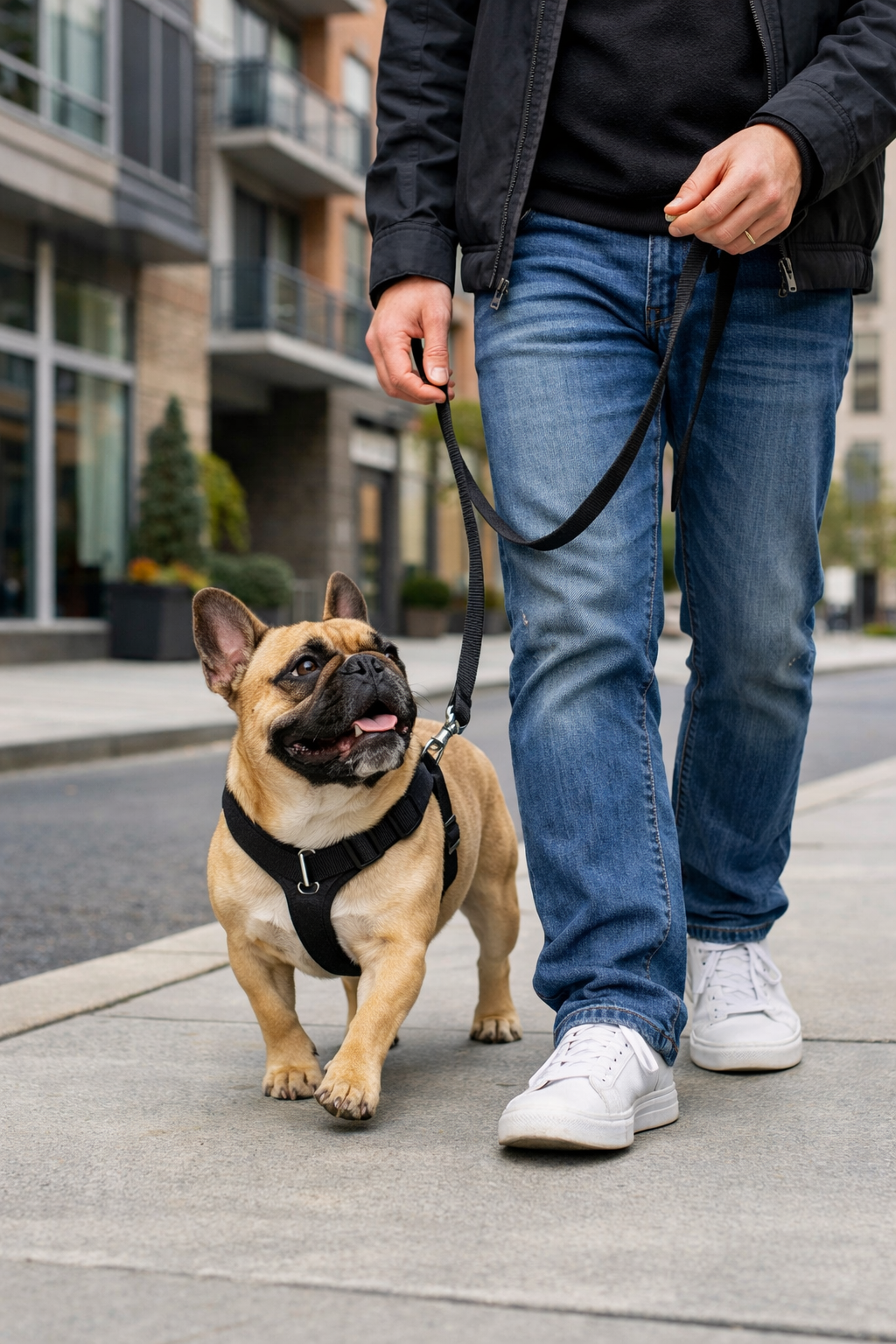 Portrait format (1024x1536) image of French Bulldog successfully walking on leash beside owner's legs on sidewalk, proper heel position demo