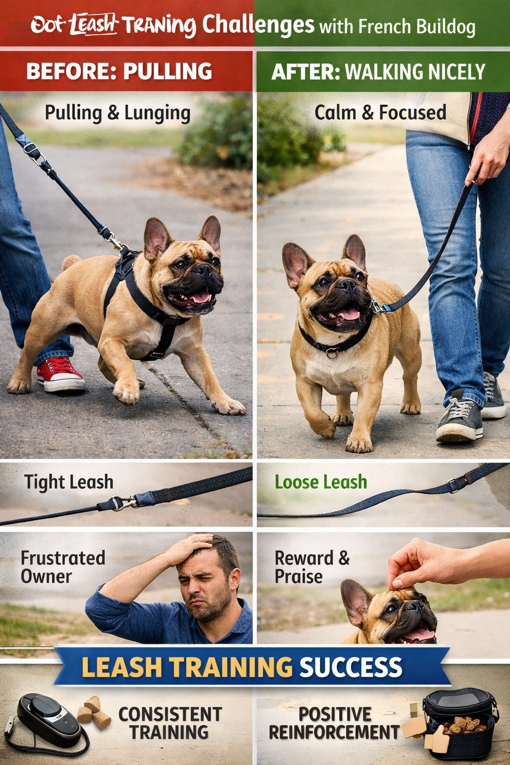 Portrait format (1024x1536) image showing common leash training challenges with French Bulldog - split composition showing before/after scen