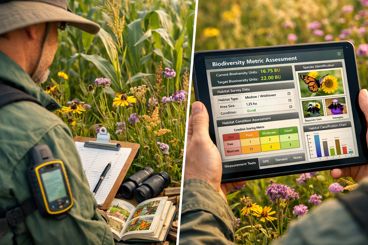 Detailed () image showing close-up of professional ecologist in field gear using modern tablet device with biodiversity
