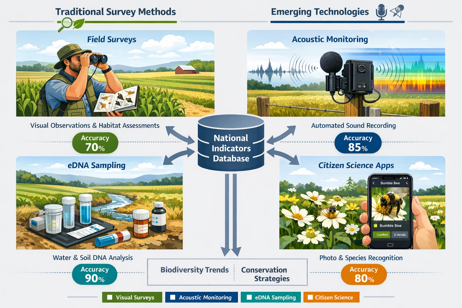 Detailed () infographic-style image displaying comprehensive biodiversity monitoring methodology comparison chart with four