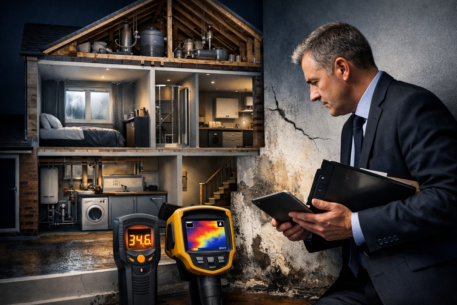 Professional landscape format (1536x1024) editorial hero image showing a detailed cutaway view of a modern UK rental property with visible b