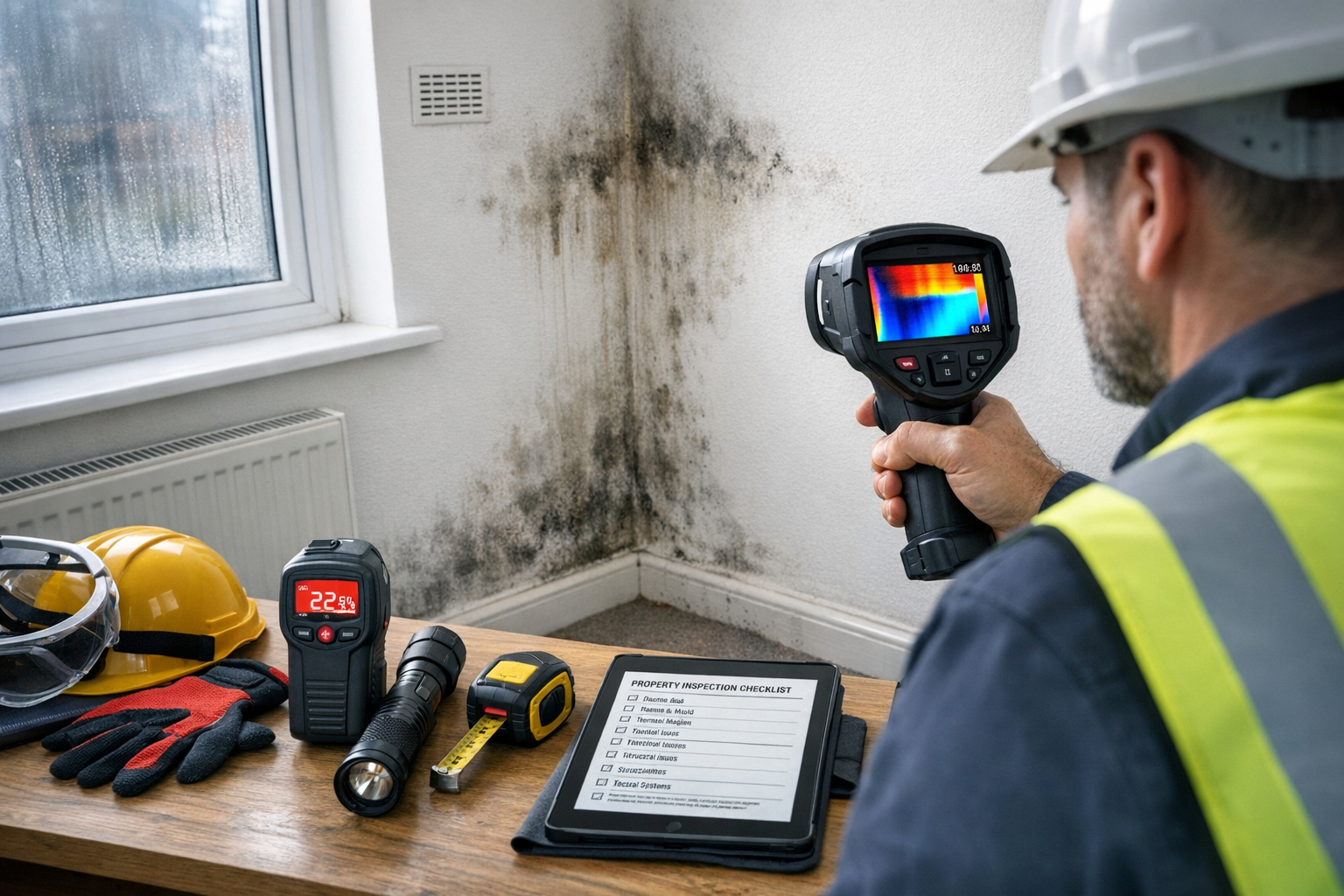 Detailed landscape format (1536x1024) image showing a comprehensive building survey checklist being conducted in a rental property bedroom. 