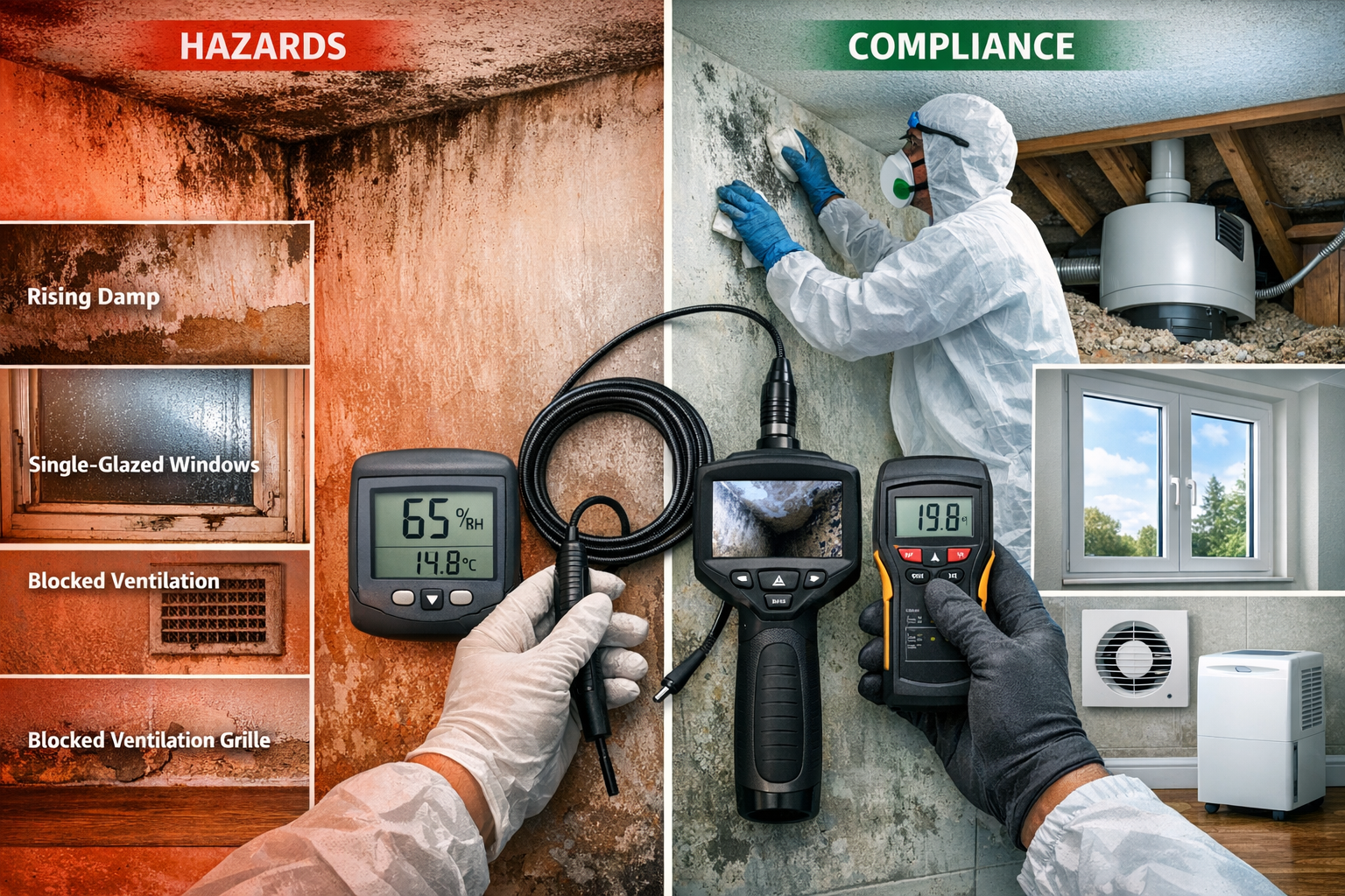 Detailed landscape format (1536x1024) image depicting a split-screen comparison of rental property hazards and compliance solutions under ne