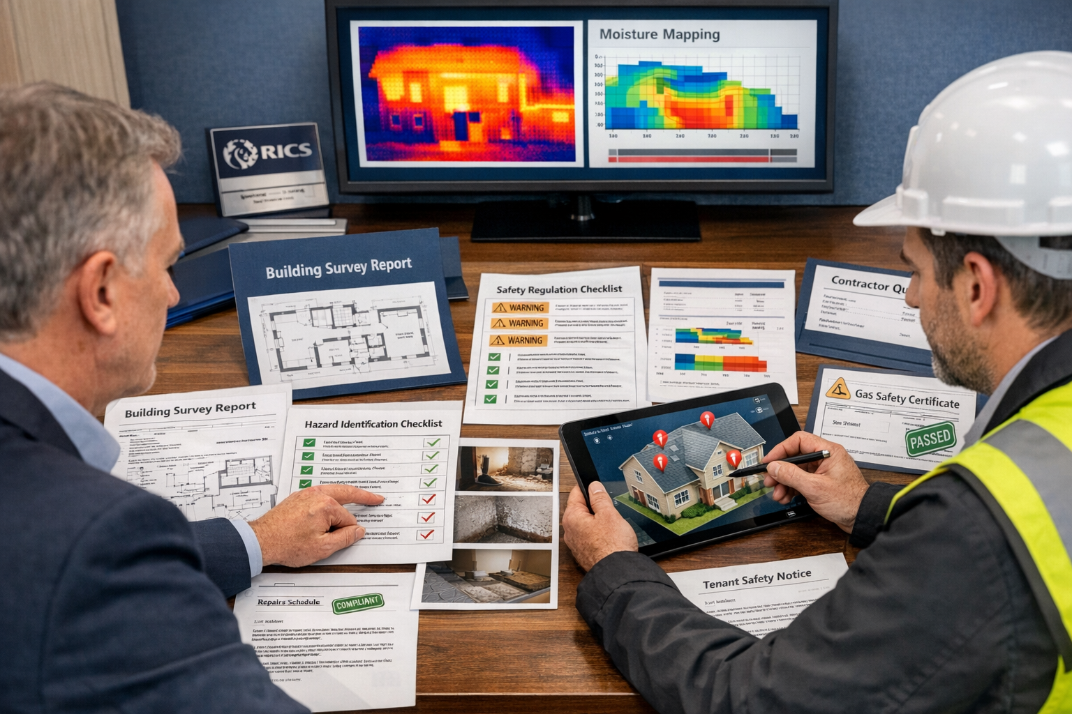 Detailed landscape format (1536x1024) image showing a landlord and building surveyor collaborating over a comprehensive property compliance 