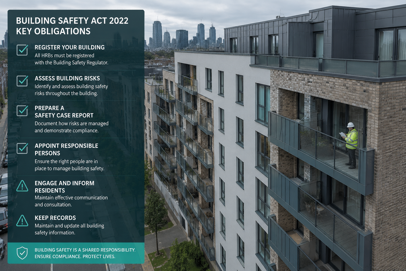 Wide-angle overhead drone-perspective photograph of a row of medium-rise residential apartment blocks in an urban London