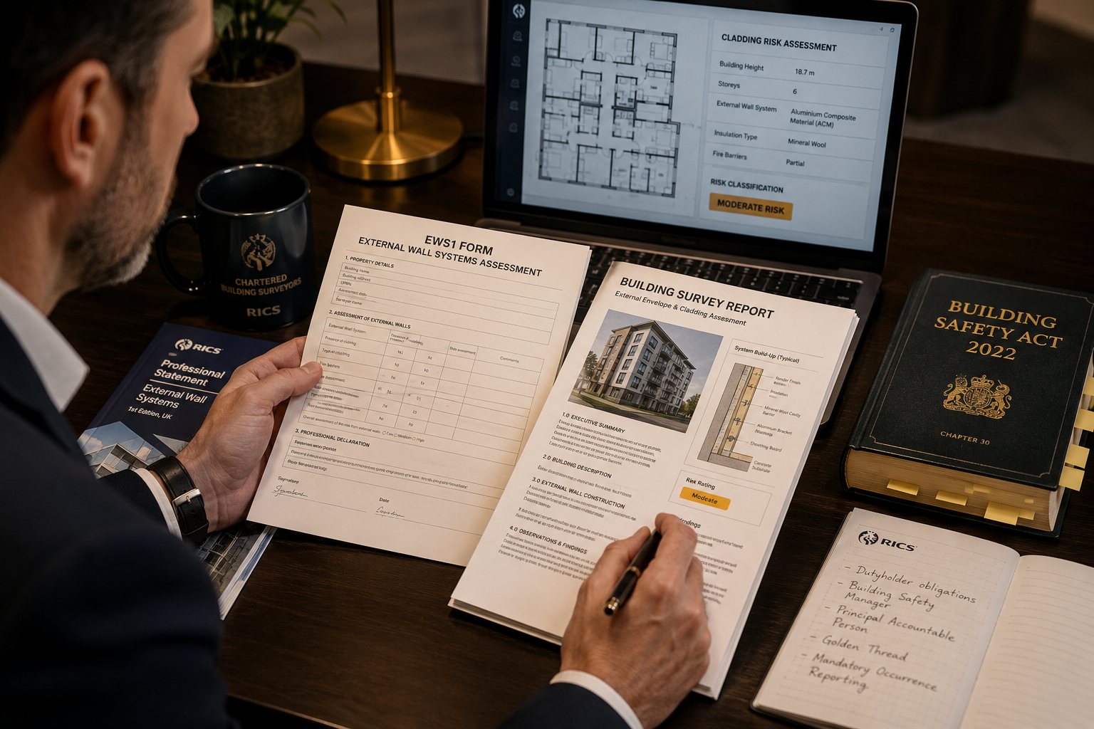 Close-up editorial photograph of a professional chartered building surveyor at a desk reviewing an EWS1 form and a detailed