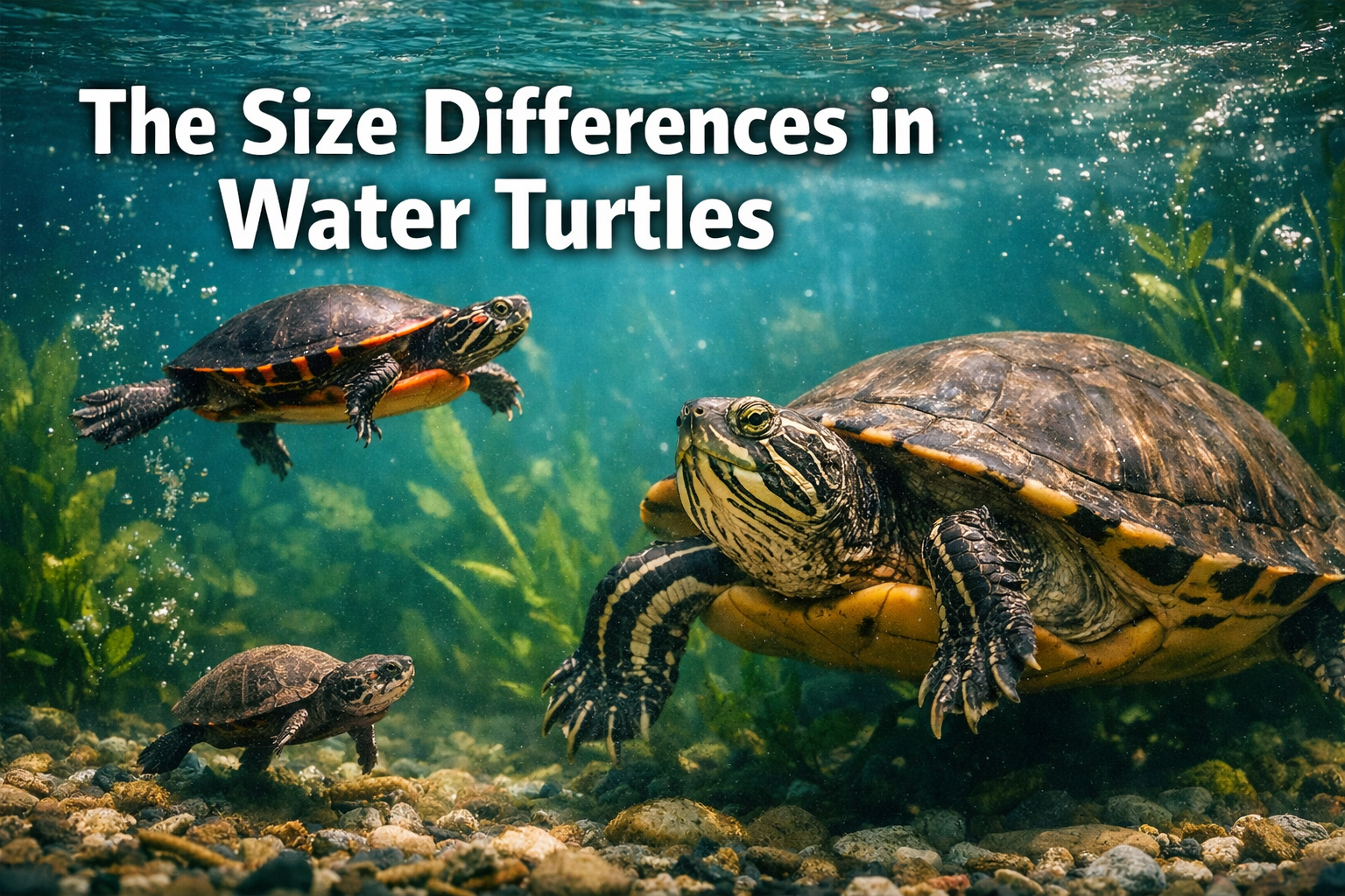 Professional landscape hero image (1536x1024) featuring bold text overlay 'The Size Differences in Water Turtles' in extra large 72pt white 