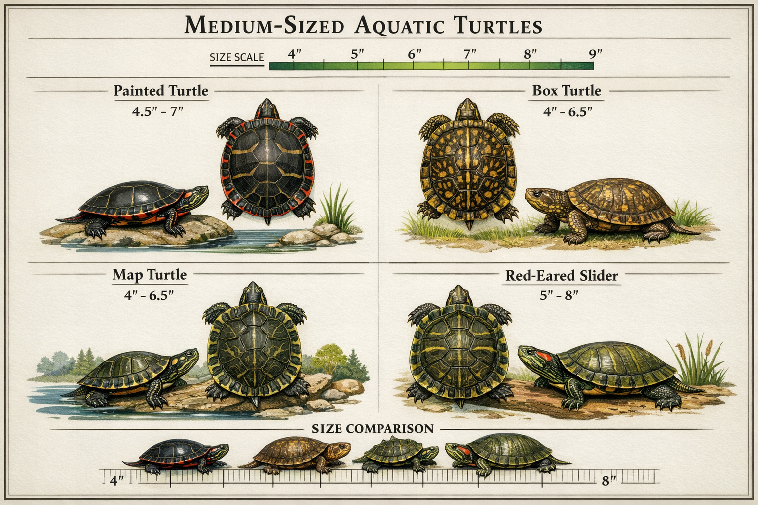 Comprehensive size comparison infographic displaying medium-sized aquatic turtle species including painted turtles, box turtles, map turtles