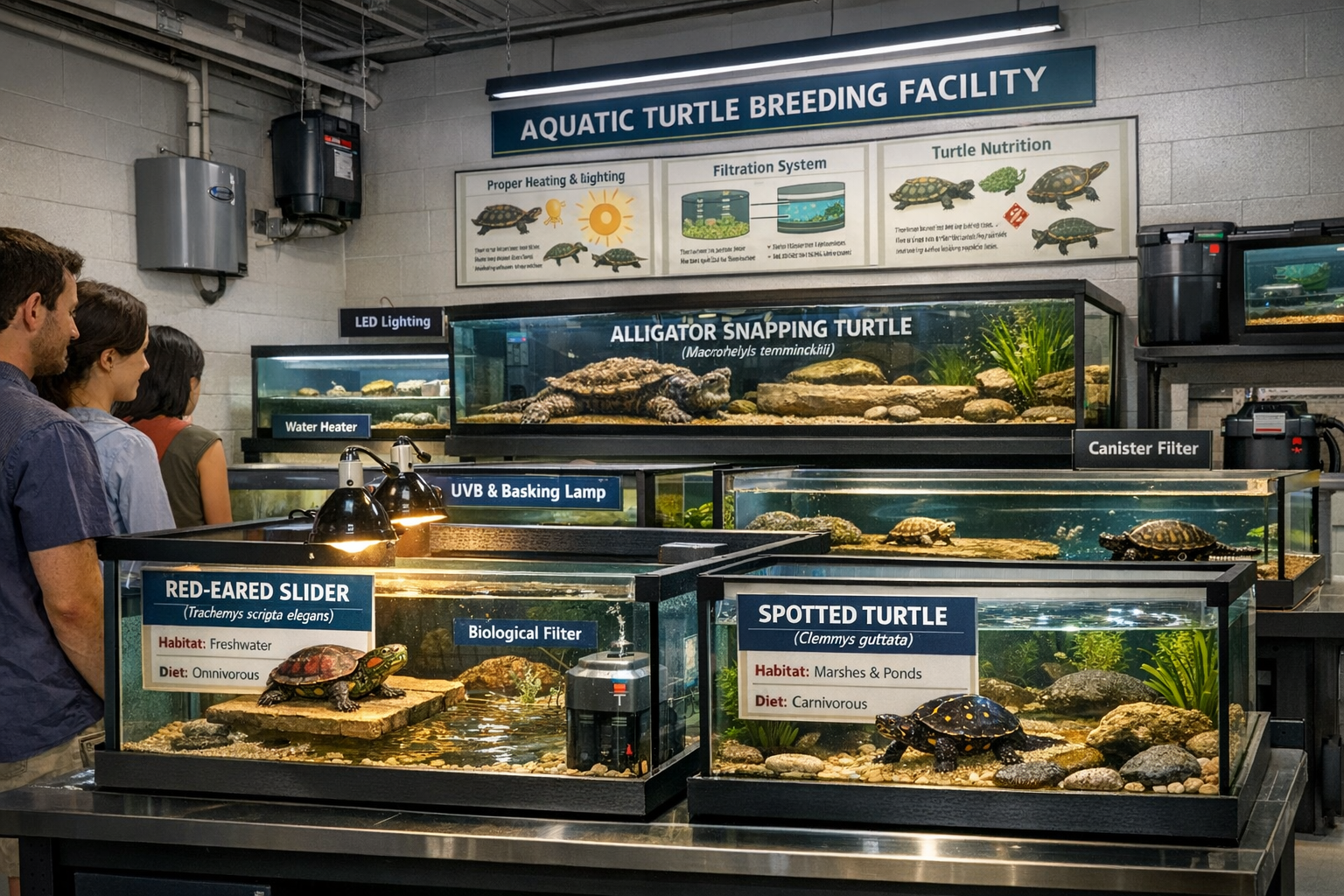 Interactive breeding facility tour showing professional aquatic turtle husbandry setup with multiple tank systems housing different sized sp