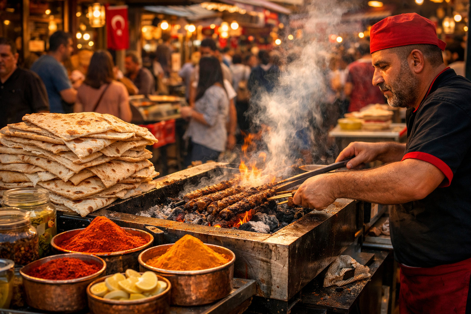 () editorial food photography showing a vibrant Turkish street food scene in Istanbul's Kadık&ouml;y district at golden hour,