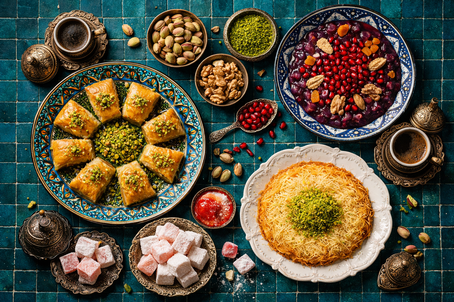 () overhead flat-lay photograph of Turkish desserts and sweets arranged artistically on ornate Ottoman-style ceramic plates