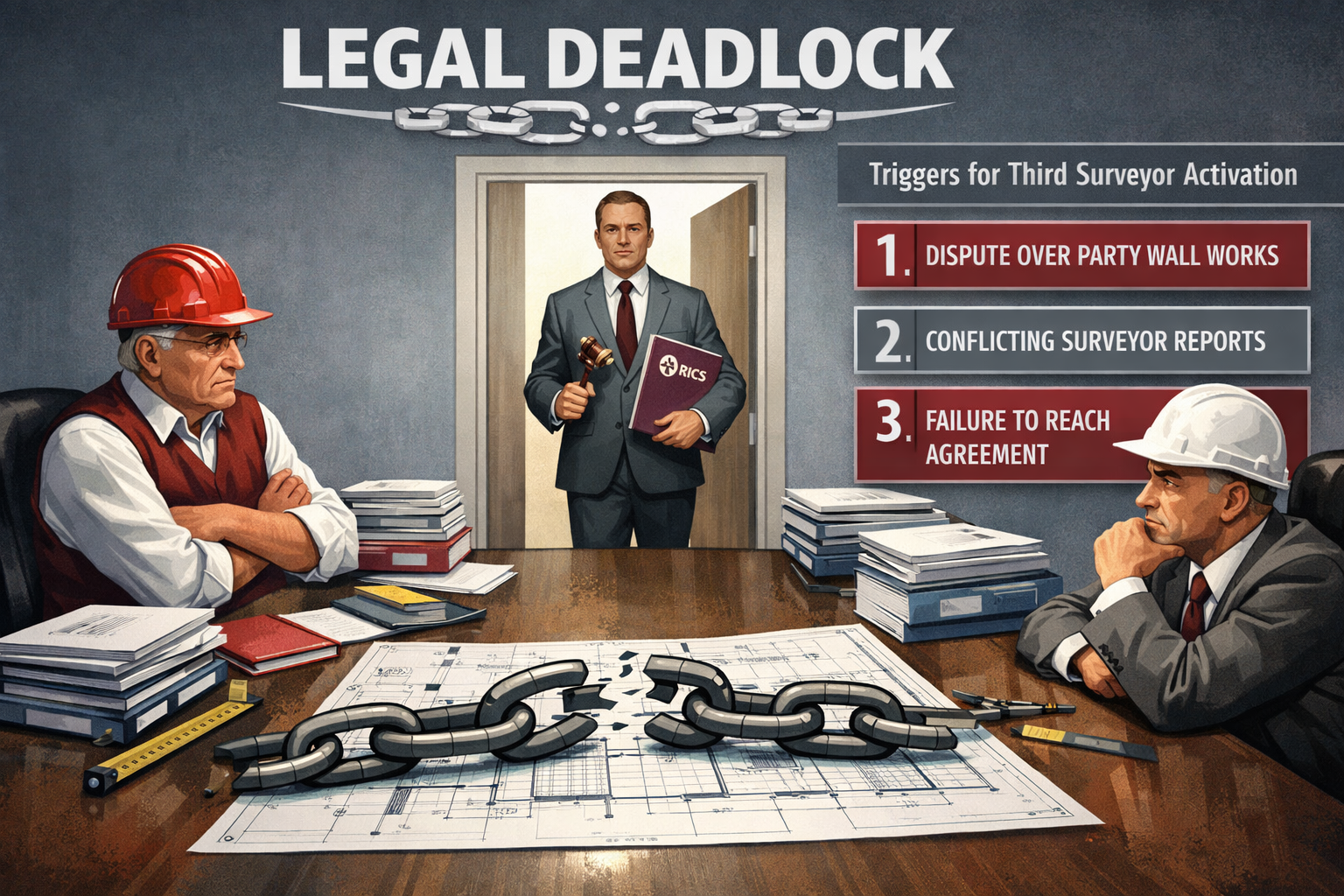 Wide-angle editorial illustration showing a legal deadlock scenario: two opposing surveyors seated at opposite ends of a