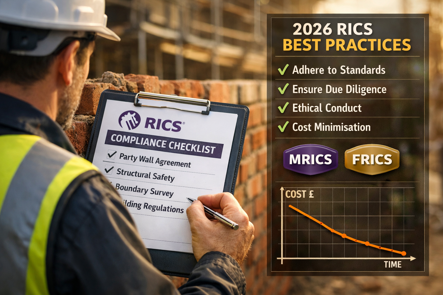 Close-up editorial photograph of a RICS-branded compliance checklist on a clipboard held by a surveyor in a hard hat