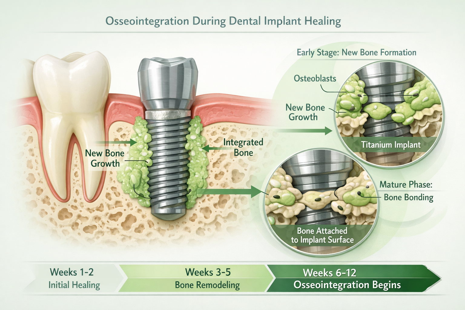 A cutaway diagram showing the process of osseointegration during dental implants healing. The visual emphasizes new bone growth around a tit