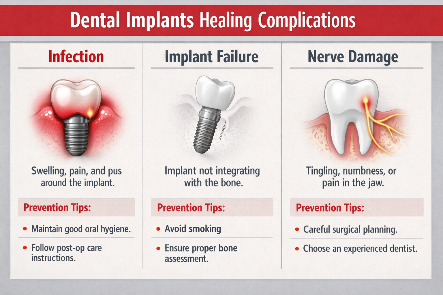 An infographic detailing common challenges and complications during dental implants healing. Sections include 'Infection' (with a red, infla