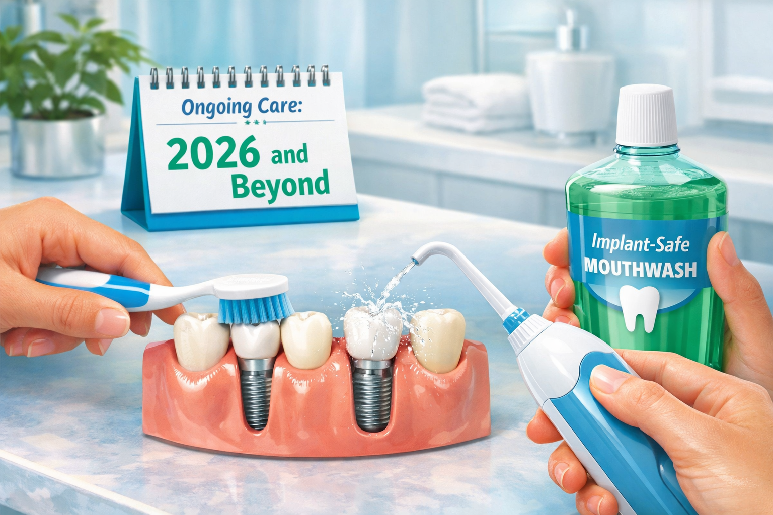 A vibrant scene illustrating effective dental implant aftercare. A person is gently brushing around an implant crown with a soft-bristle too