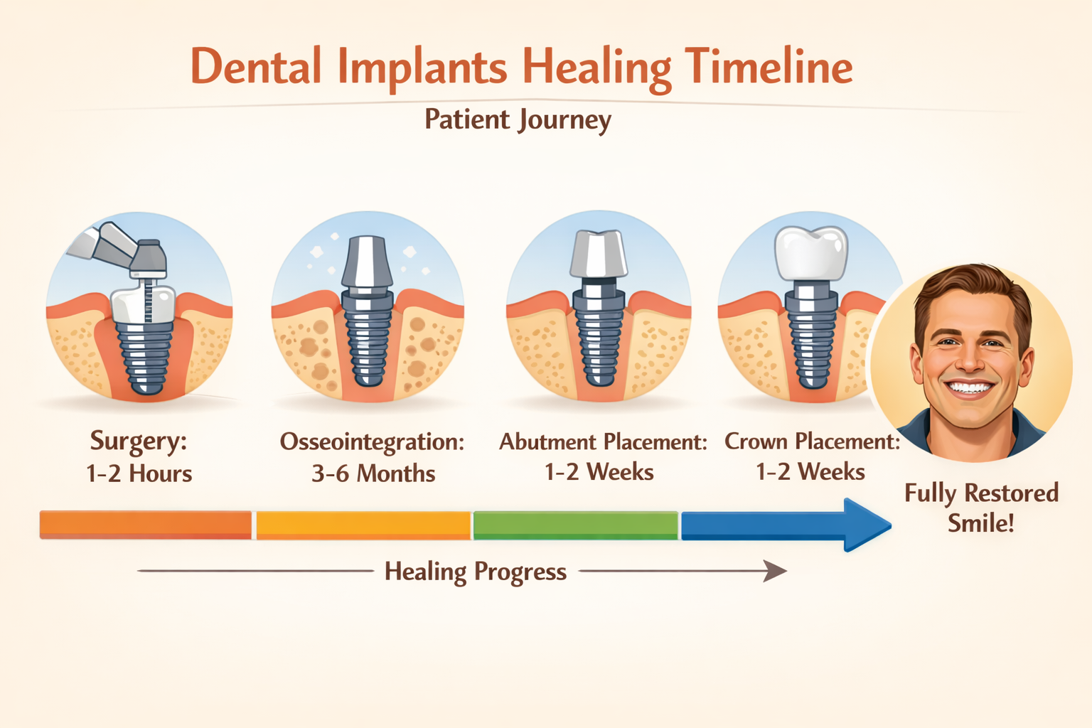 A patient-centric diagram showing a typical dental implants healing timeline, broken down into distinct phases: initial surgery, osseointegr
