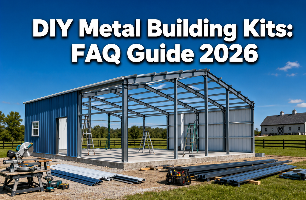 Professional () hero image with : 'DIY Metal Building Kits: FAQ Guide 2026' in extra large white with dark drop , centered