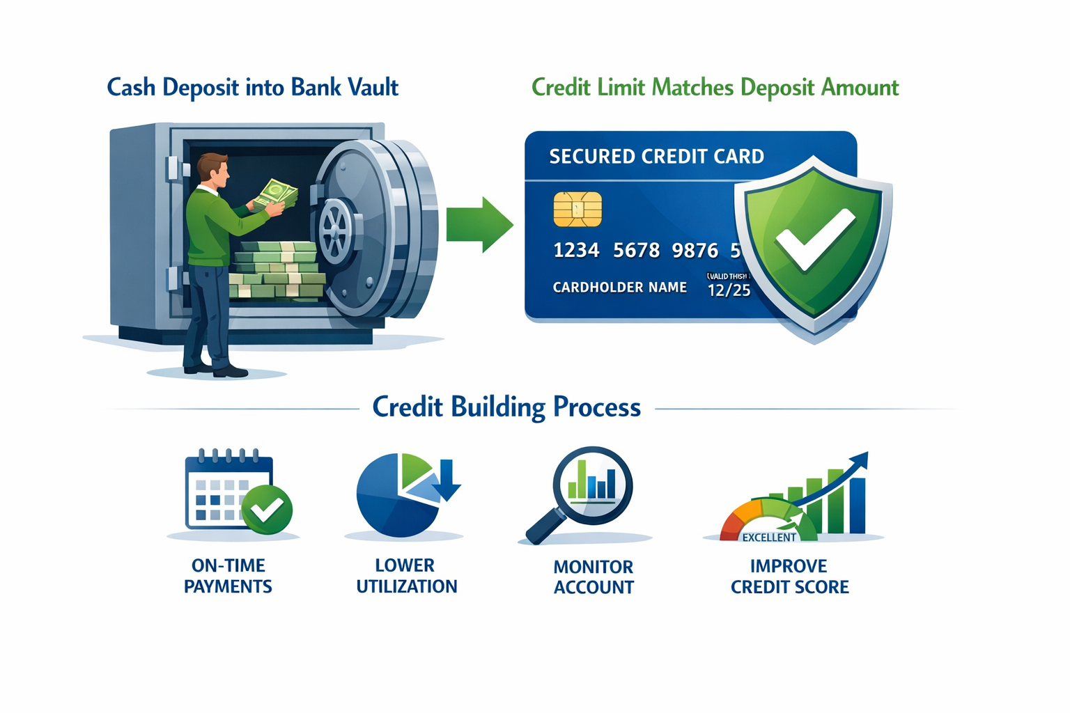 Landscape format (1536x1024) infographic showing secured credit card concept with visual deposit flow - person placing cash deposit into ban