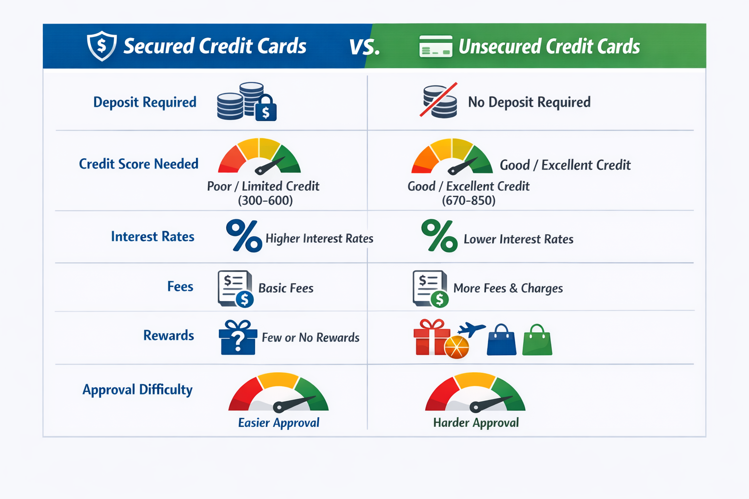 Split comparison chart landscape format (1536x1024) showing secured vs unsecured credit cards side-by-side with visual elements: deposit req