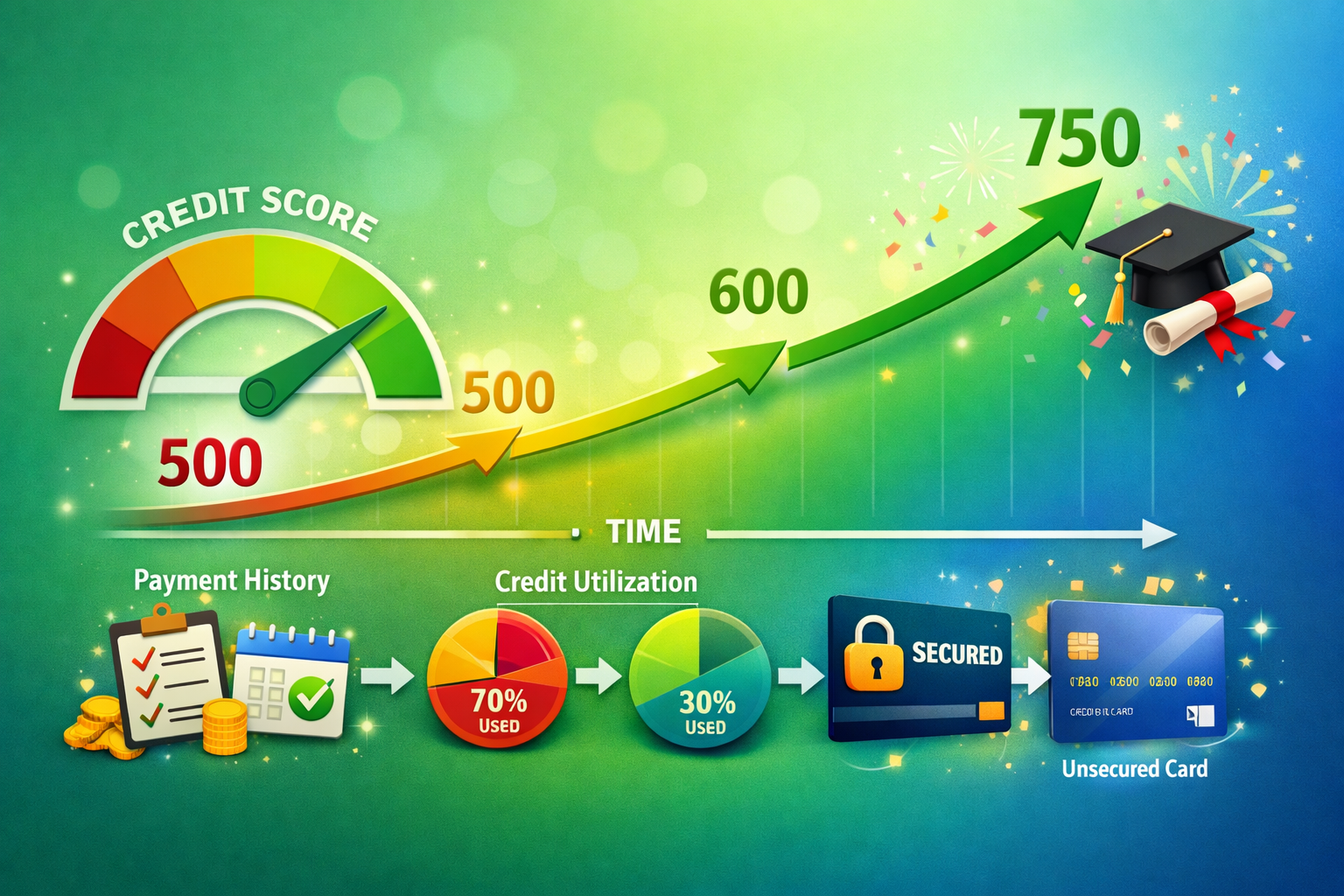 Landscape format (1536x1024) credit building visualization showing upward trending credit score graph from 500 to 750, timeline arrows, paym