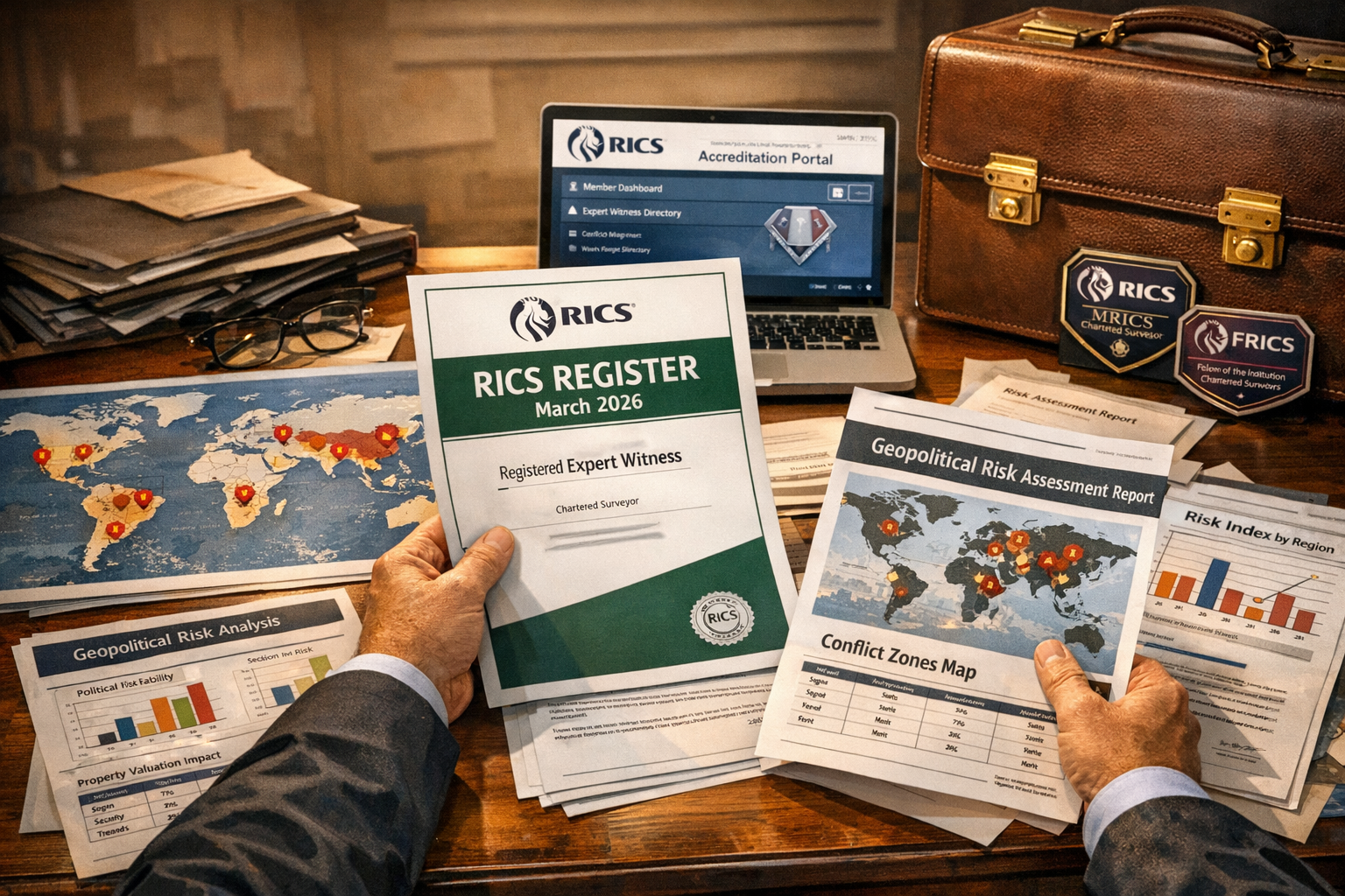 Detailed () image showing professional expert witness preparing testimony materials with March 2026 RICS Register document