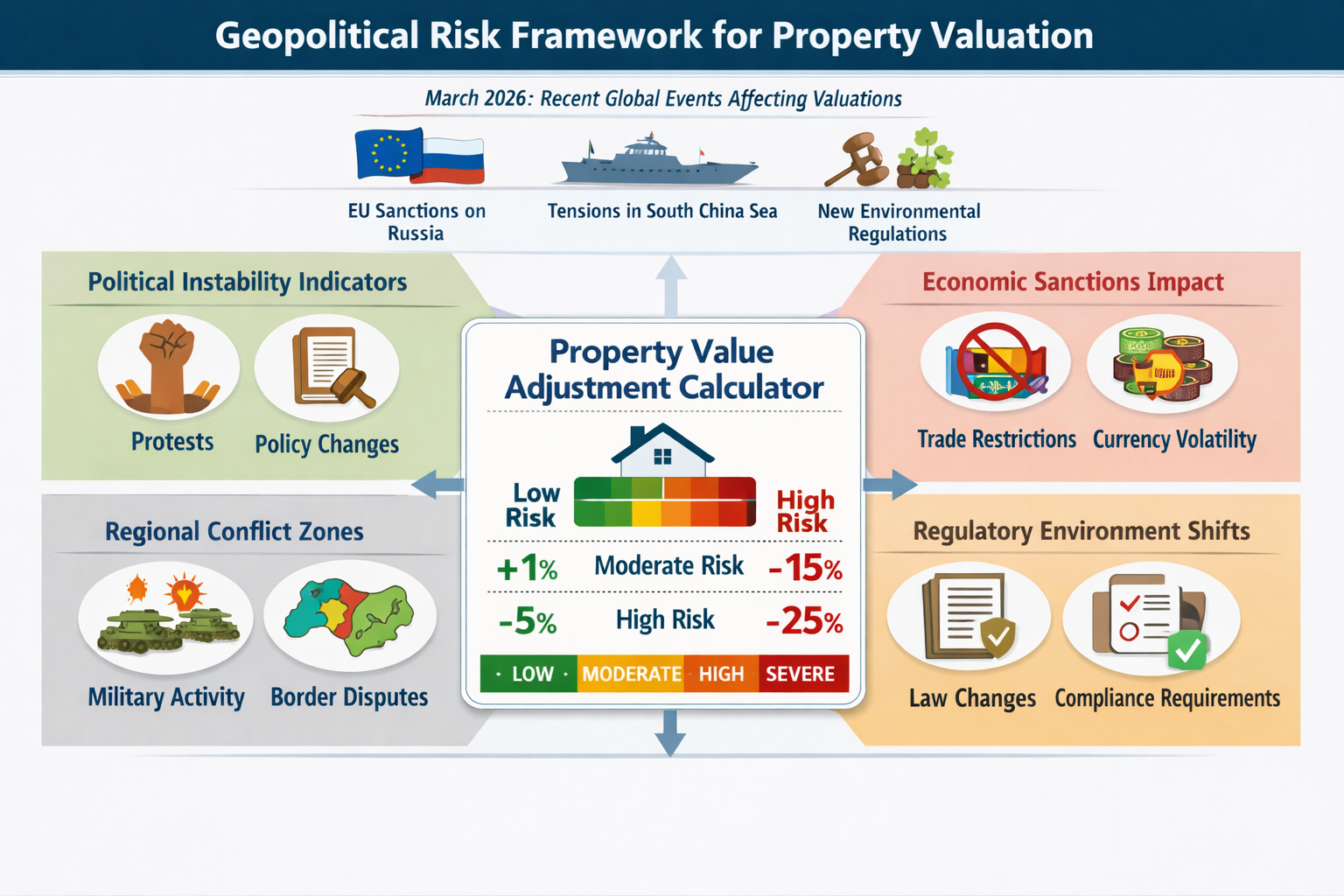 Comprehensive () infographic illustration displaying geopolitical risk framework for property valuation with four distinct