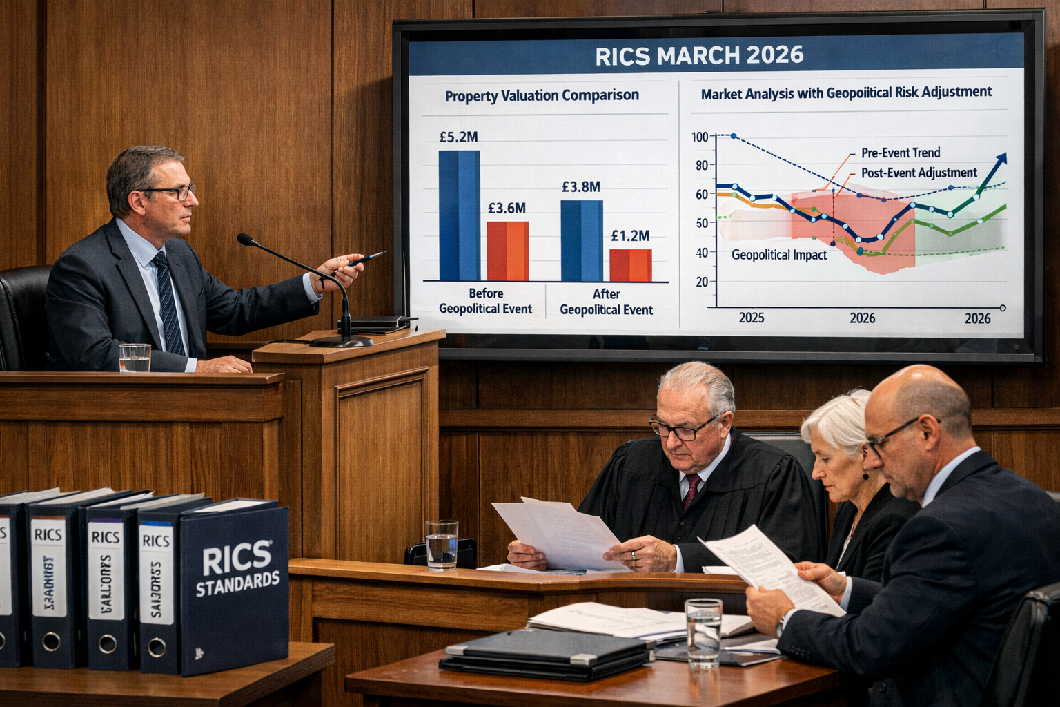 Detailed () courtroom scene showing expert witness presenting evidence using large display screen showing RICS March 2026