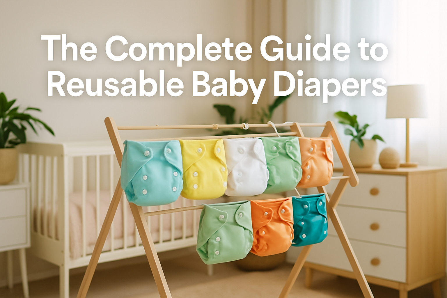 Professional landscape hero image (1536x1024) featuring bold text overlay 'The Complete Guide to Reusable Baby Diapers' in extra large 70pt 