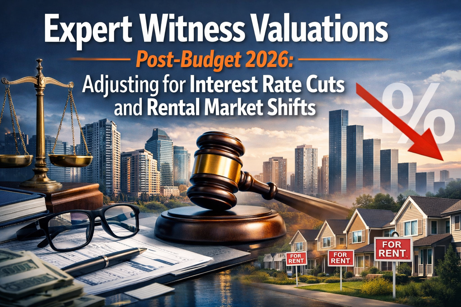 Professional landscape hero image (1536x1024) with bold text overlay: "Expert Witness Valuations Post-Budget 2026: Adjusting for Interest Ra